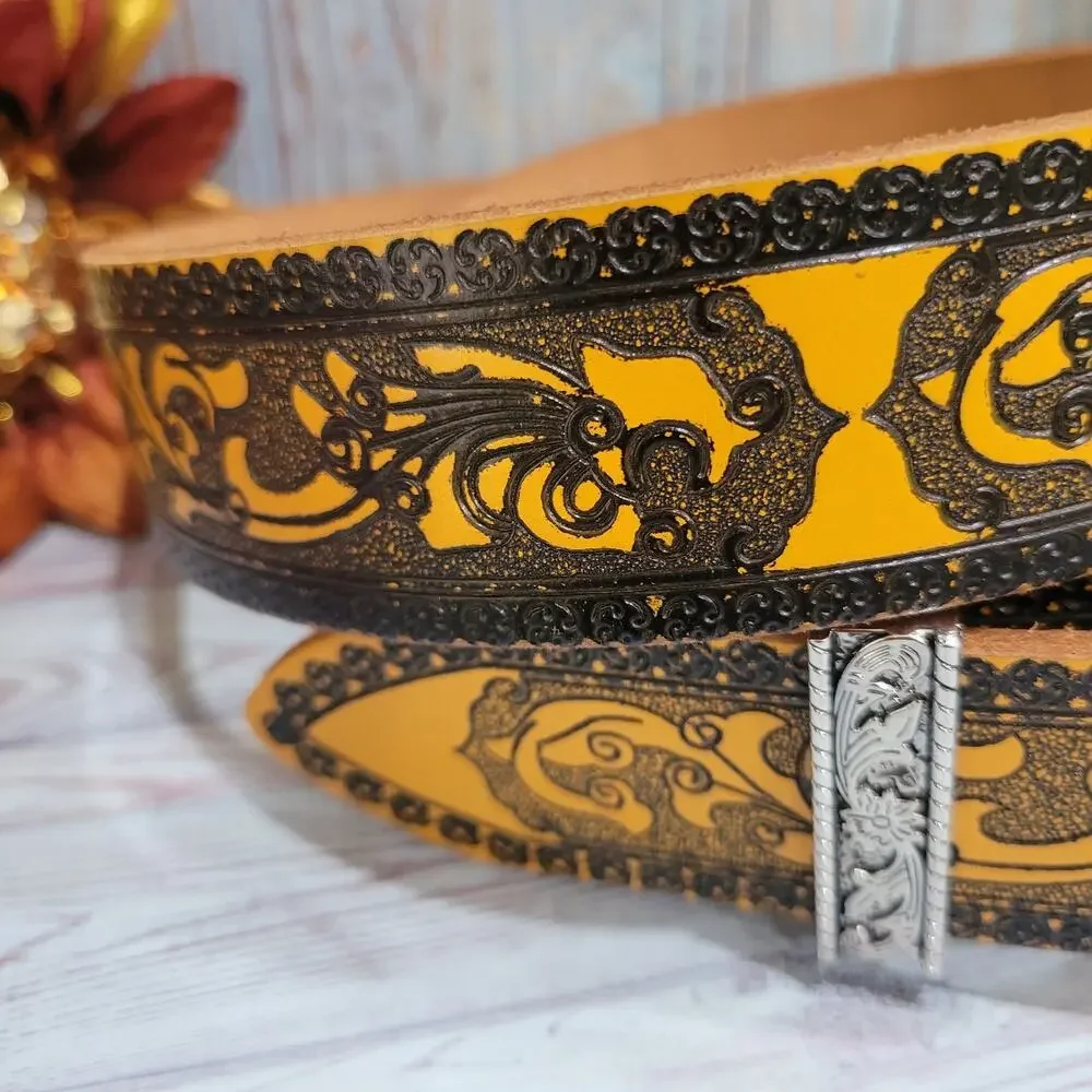 Western Genuine Leather Belt longhorn Buckle Large with Silver accents Tan Blac